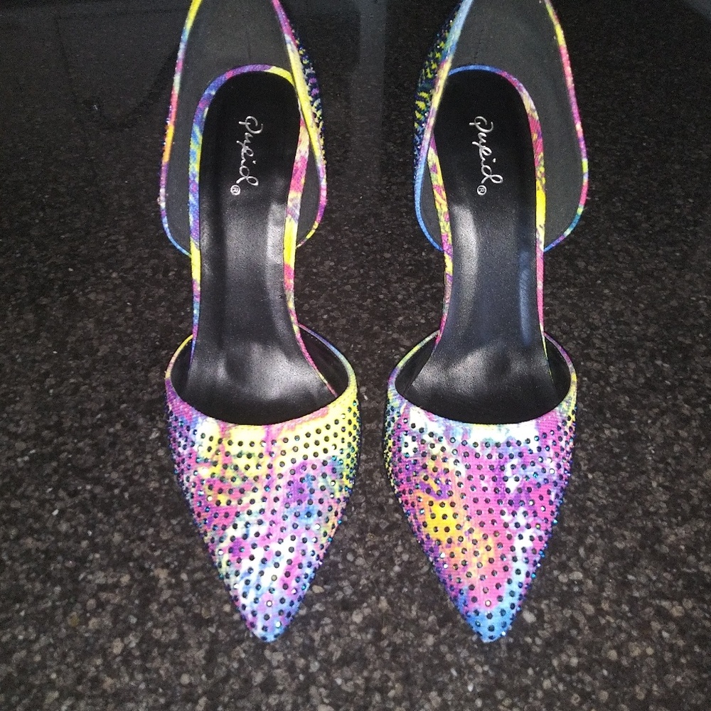 Multi colored rhinestone heels.